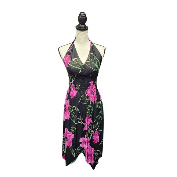 Y2K Womens Hawaiian Halter Babydoll Midi Dress Size XL V Neck Tropical Purple - Picture 1 of 11